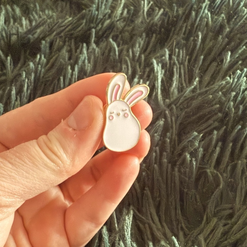 Women’s Jewelry Fun Cute White Bunny Enamel Pin with Gold and Pink Accents